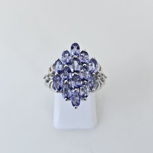 Genuine Tanzanite Cluster Ring Sterling Silver Platinum Finish Size 6.5!